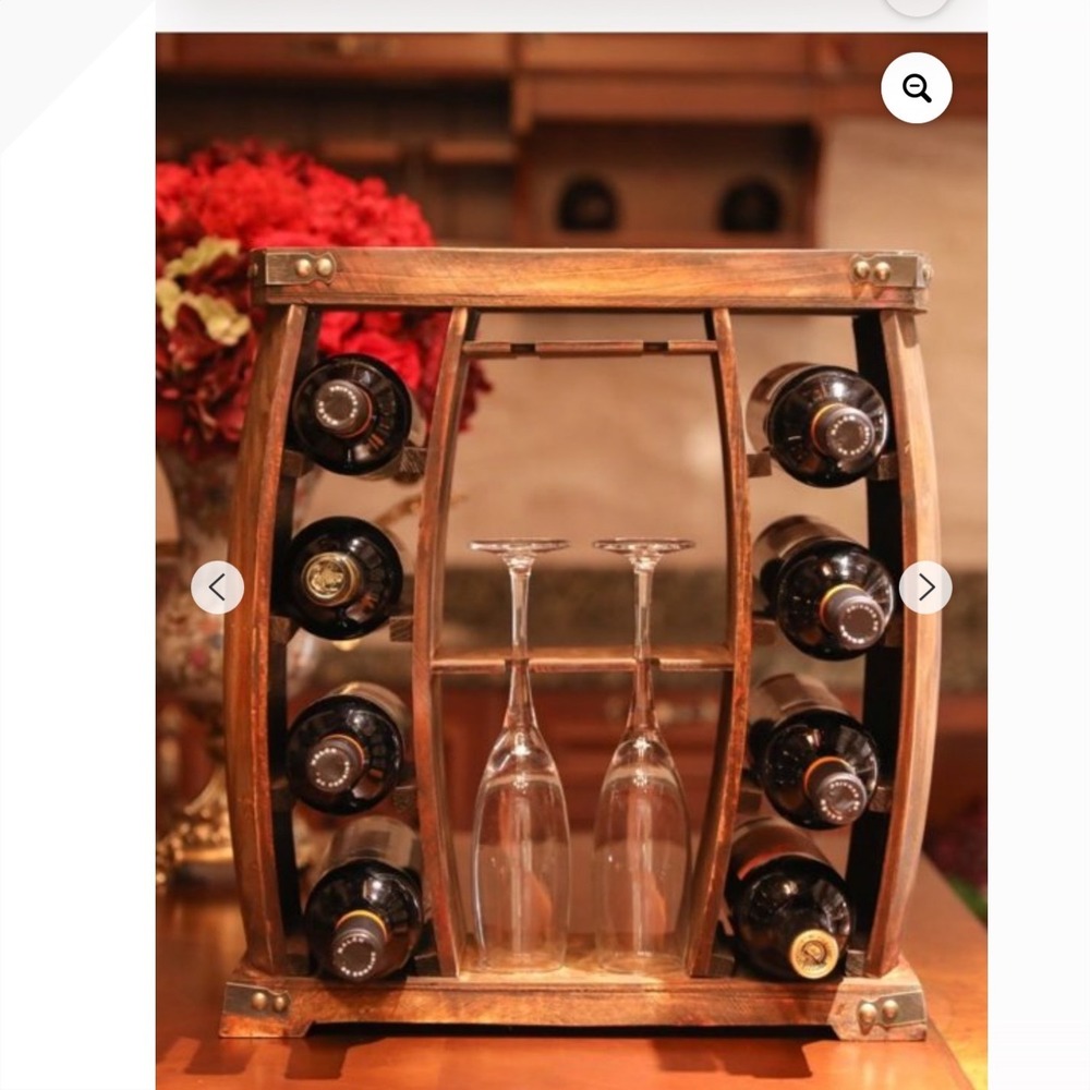 Rustic Wooden Wine Rack Barrel Design 8 Bottle‎ Holder with Glassware Storage